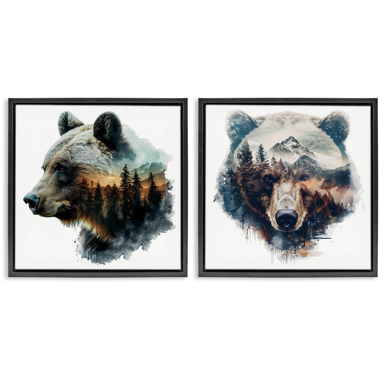 Stupell Industries Woodland Bear Forest Silhouettes 2 pc Framed Floater Canvas Wall Art Set Design by LSR Design Studio